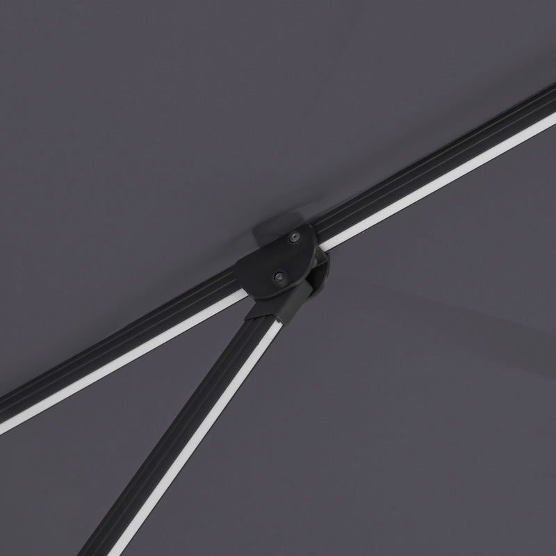 Close up of the support structure on a contemporary cantilever umbrella in grey fabric with solar LED lighting and carrying case