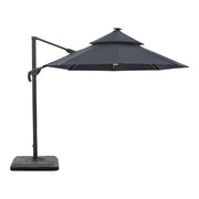 Front facing side view of a contemporary cantilever umbrella in grey fabric with solar LED lighting and carrying case on a white background