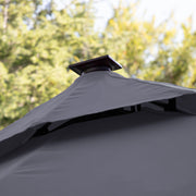 Close up of the vented double roof on a contemporary umbrella in grey fabric with solar LED lighting (base not included)