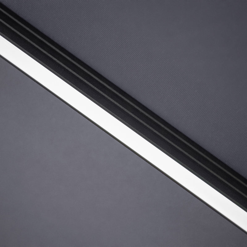 Close up of the support structure on a contemporary umbrella in grey fabric with solar LED lighting (base not included)