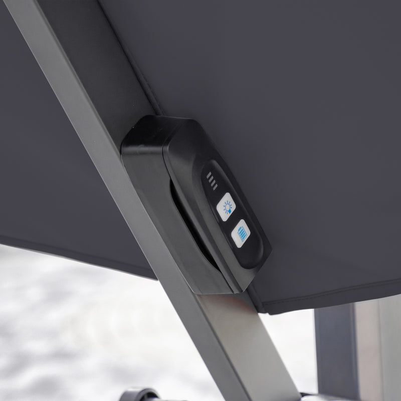 Close up of the control panel on a contemporary umbrella in grey fabric with solar LED lighting (base not included)