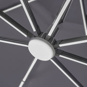 Left facing close up of the center support and LED lighting on a contemporary umbrella in grey fabric with solar LED lighting (base not included)
