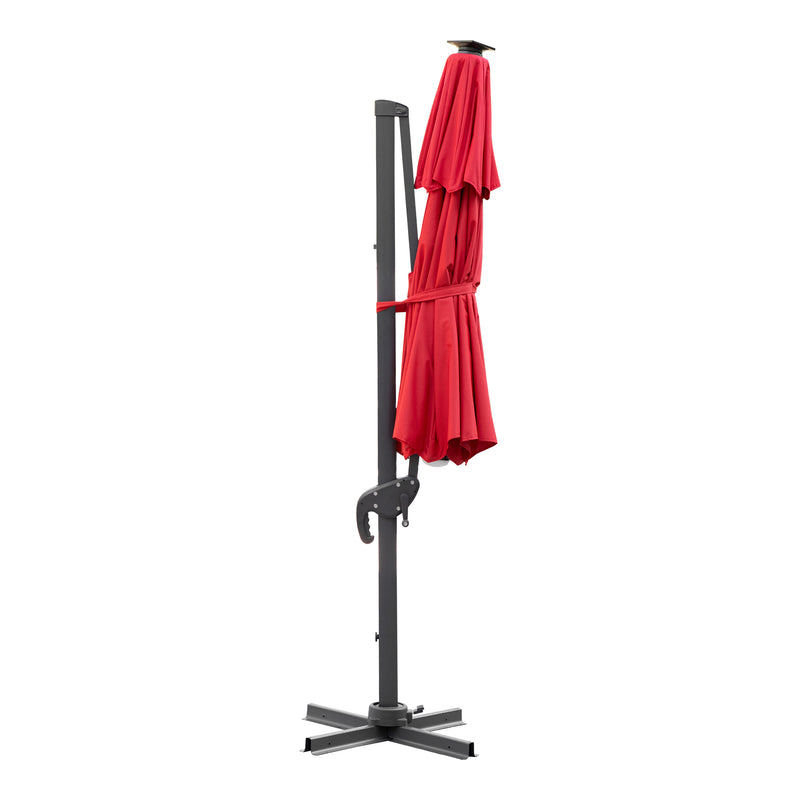Right facing closed view of a contemporary umbrella in red fabric with solar LED lighting (base not included) on a white background
