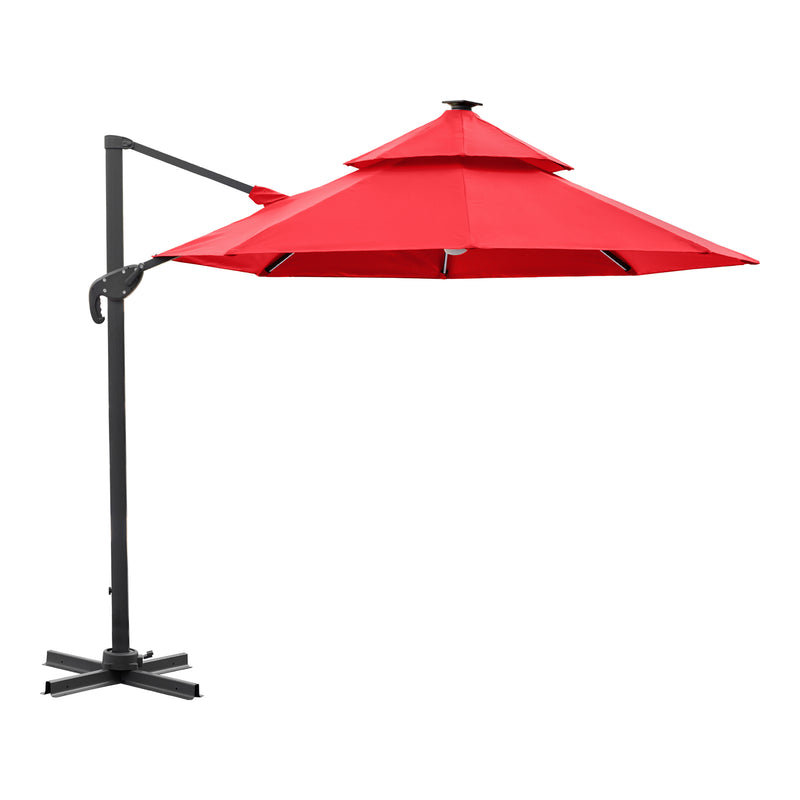 Right facing contemporary umbrella in red fabric with solar LED lighting (base not included) on a white background
