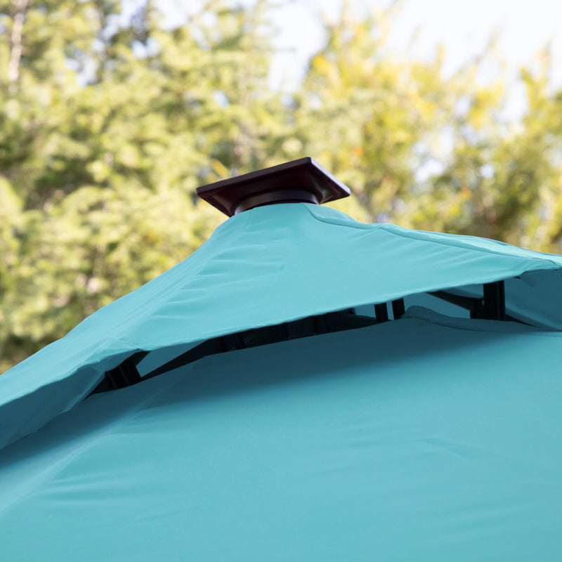 Close up of the vented double roof on a contemporary cantilever umbrella in teal fabric with solar LED lighting and carrying case