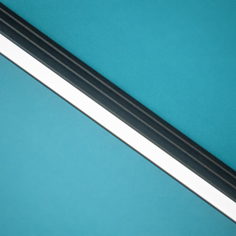 Close up of the support structure on a contemporary cantilever umbrella in teal fabric with solar LED lighting and carrying case