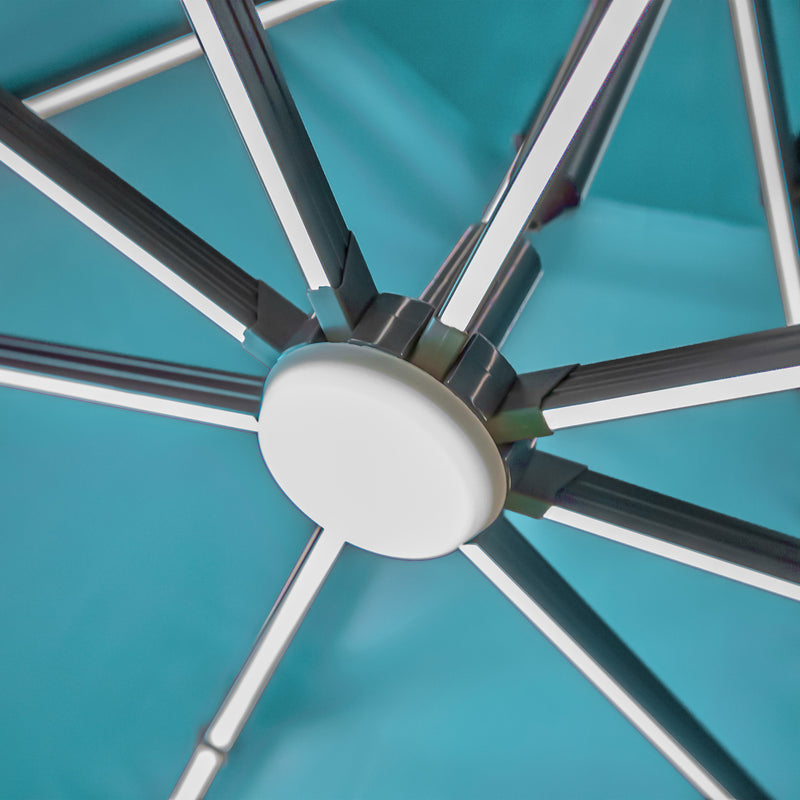 Close up of the LED lighting on a contemporary cantilever umbrella in teal fabric with solar LED lighting and carrying case