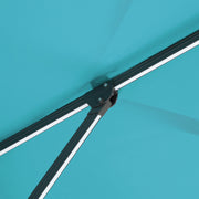 Close up of the support structure on a contemporary cantilever umbrella in teal fabric with solar LED lighting and carrying case