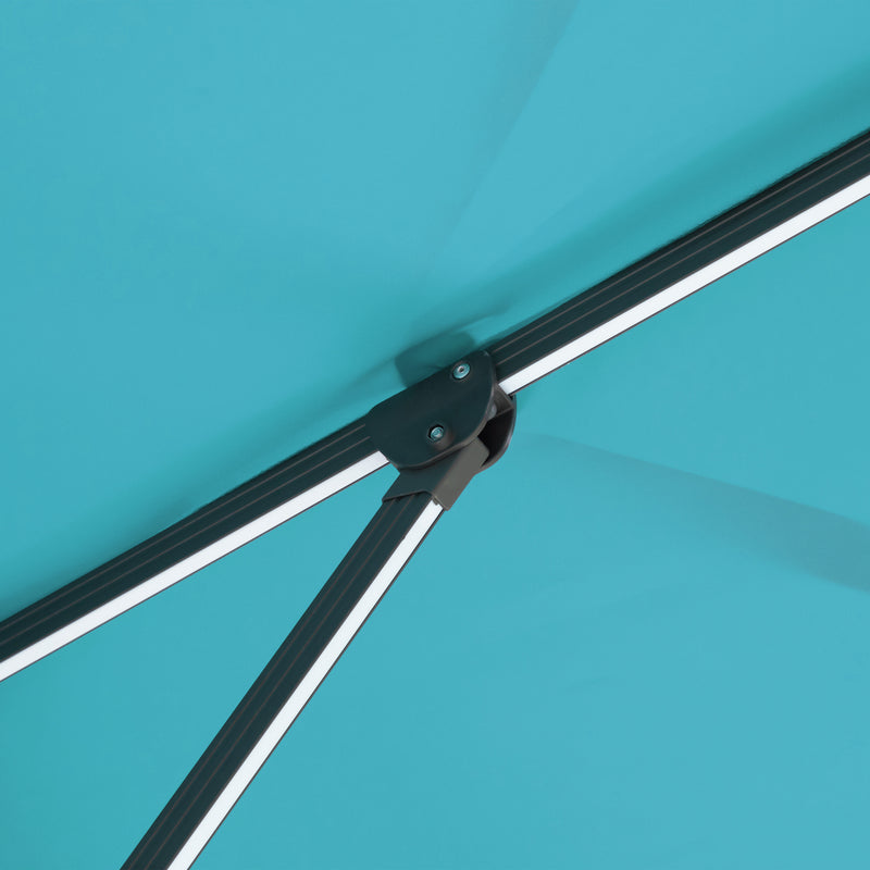 Close up of the support structure on a contemporary cantilever umbrella in teal fabric with solar LED lighting and carrying case