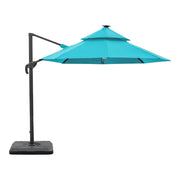 Front facing side view of a contemporary cantilever umbrella in teal fabric with solar LED lighting and carrying case on a white background