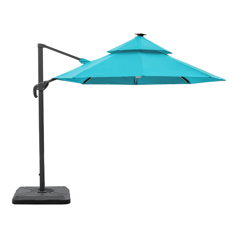 Front facing side view of a contemporary cantilever umbrella in teal fabric with solar LED lighting and carrying case on a white background