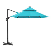 Front facing side view of a contemporary umbrella in teal fabric with solar LED lighting (base not included) on a white background