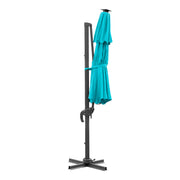 Front facing closed view of a contemporary umbrella in teal fabric with solar LED lighting (base not included) on a white background