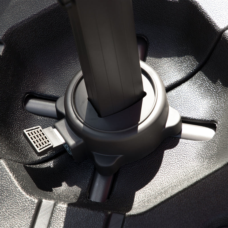 Close up of a contemporary high-density polyethylene fillable square umbrella base