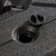 Close up showing the fill hole on a contemporary high-density polyethylene fillable square umbrella base