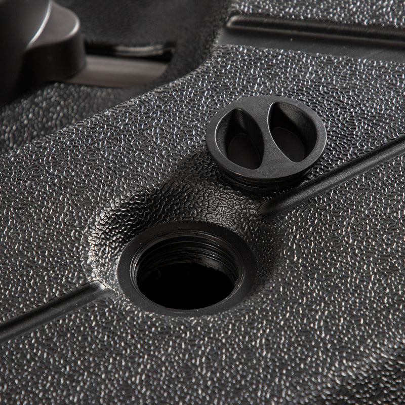 Close up showing the fill hole on a contemporary high-density polyethylene fillable square umbrella base