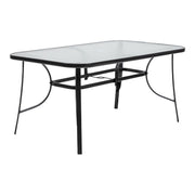 Right facing transitional black and textured glass patio outdoor dining table on a white background
