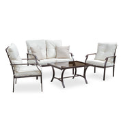 Right facing four-piece transitional beige outdoor patio seating set with a table, two chairs, and a loveseat on a white background