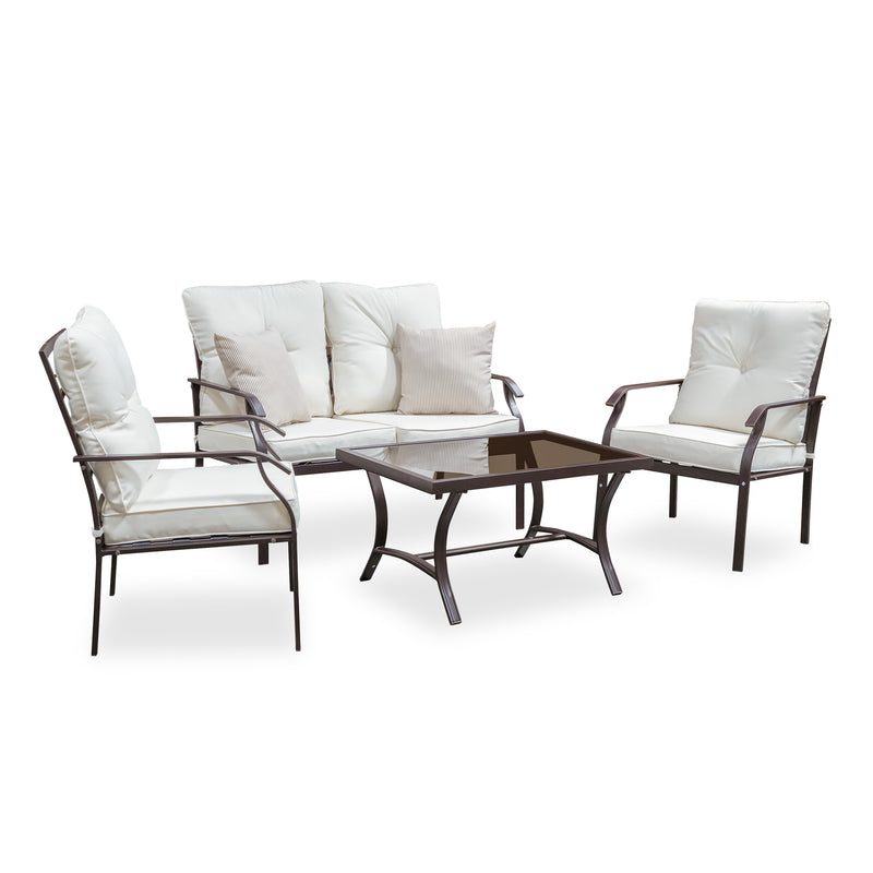 Right facing four-piece transitional beige outdoor patio seating set with a table, two chairs, and a loveseat on a white background