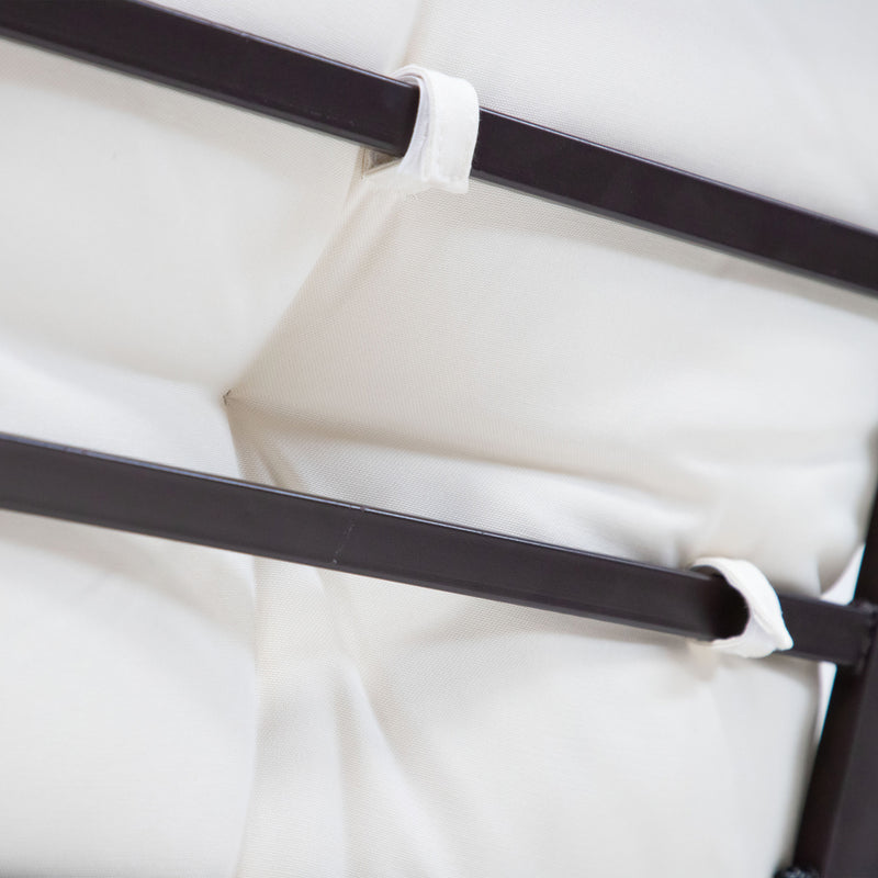 Close up of the chair cushion loops of a four-piece transitional beige outdoor patio seating set with a table, two chairs, and a loveseat on a white background