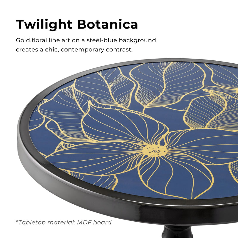 Enric Modern Black Nickel Metal Round End Table with Gold Floral Top