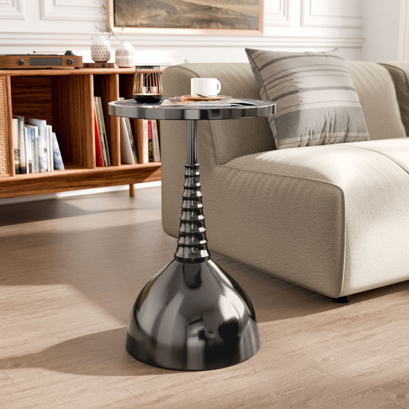 Enric Modern Black Nickel Metal Round End Table with Gold Floral Top