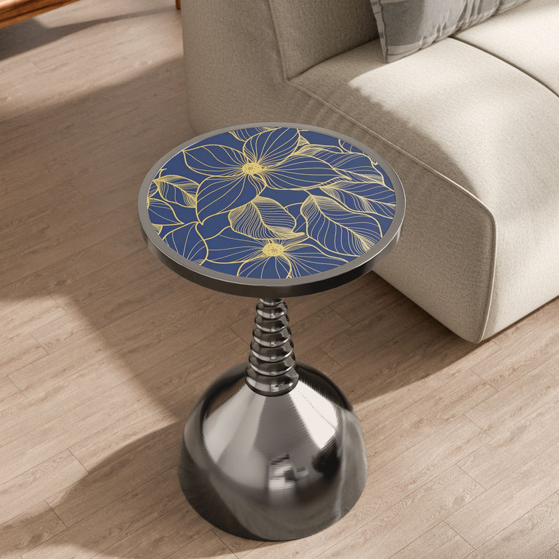 Enric Modern Black Nickel Metal Round End Table with Gold Floral Top