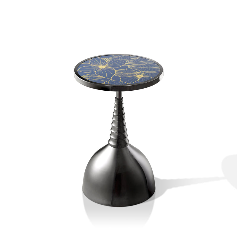 Enric Modern Black Nickel Metal Round End Table with Gold Floral Top