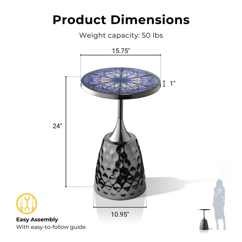 Enric Modern Black Nickel Metal Round End Table with Geometric Floral Top