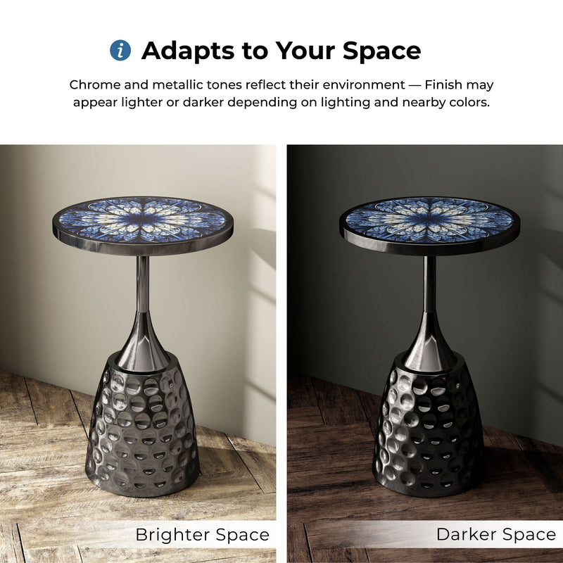 Enric Modern Black Nickel Metal Round End Table with Geometric Floral Top