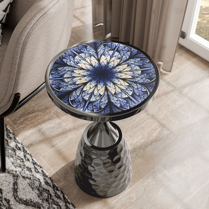 Enric Modern Black Nickel Metal Round End Table with Geometric Floral Top