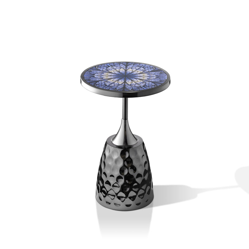 Enric Modern Black Nickel Metal Round End Table with Geometric Floral Top