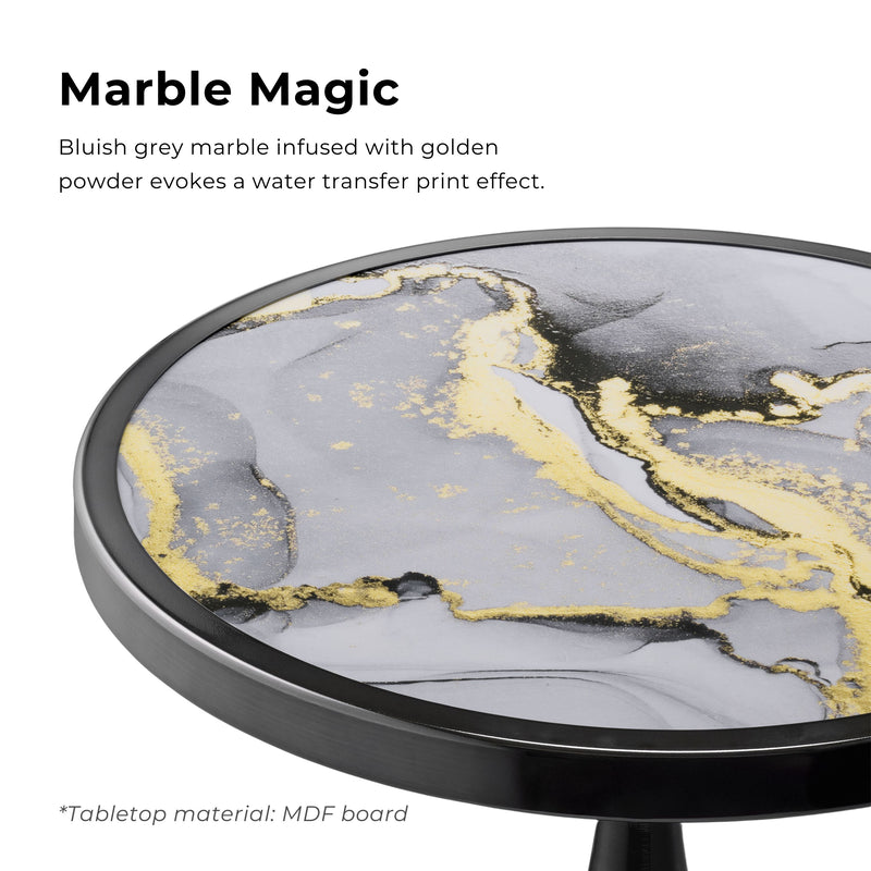 Enric Modern Black Nickel Metal Round End Table with Faux Marble Top