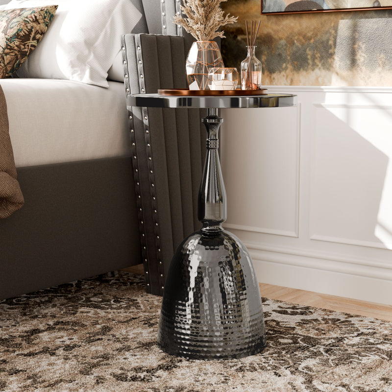 Enric Modern Black Nickel Metal Round End Table with Faux Marble Top