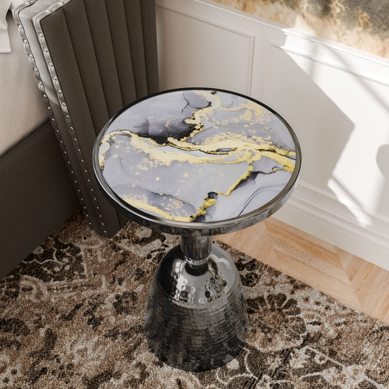 Enric Modern Black Nickel Metal Round End Table with Faux Marble Top
