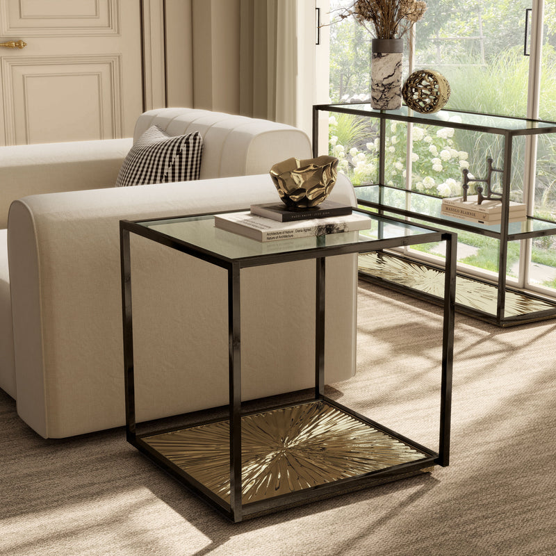 Aureum Modern Glass Top EndTable with Sunburst Base