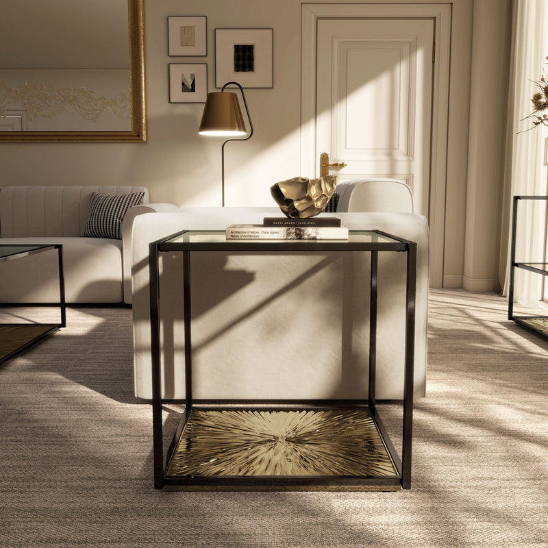 Aureum Modern Glass Top EndTable with Sunburst Base