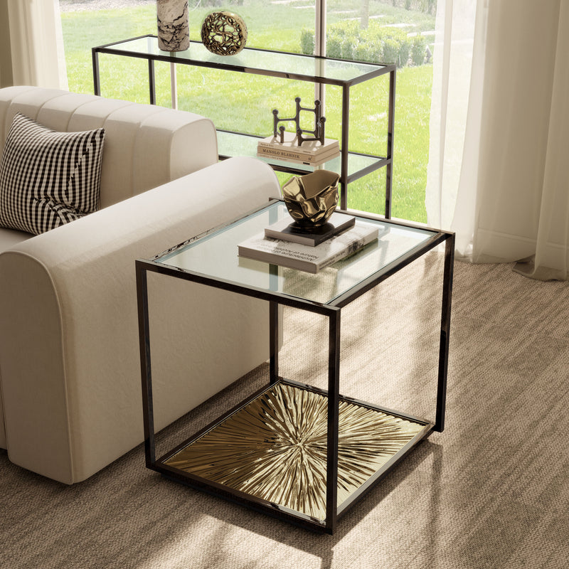Aureum Modern Glass Top EndTable with Sunburst Base