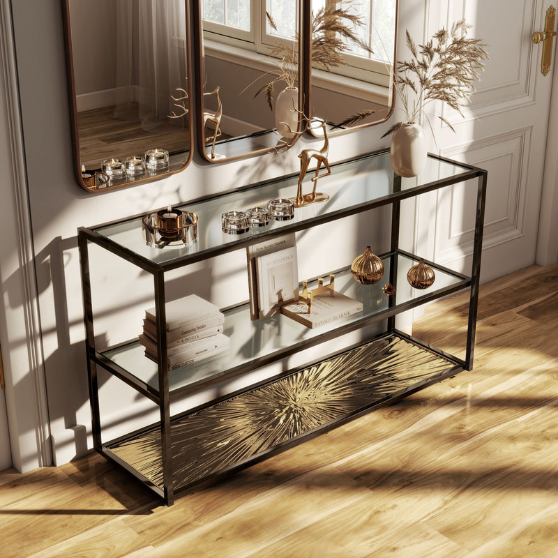 Aureum Modern Glass Top Sofa Table with Sunburst Base
