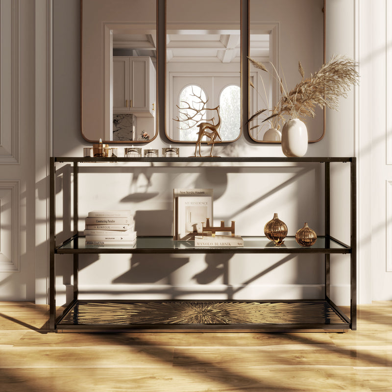 Aureum Modern Glass Top Sofa Table with Sunburst Base