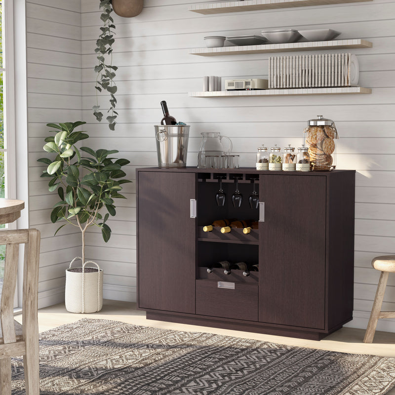 Nahvina Modern Espresso Stemware and 6-Bottle Wine Bar Cabinet