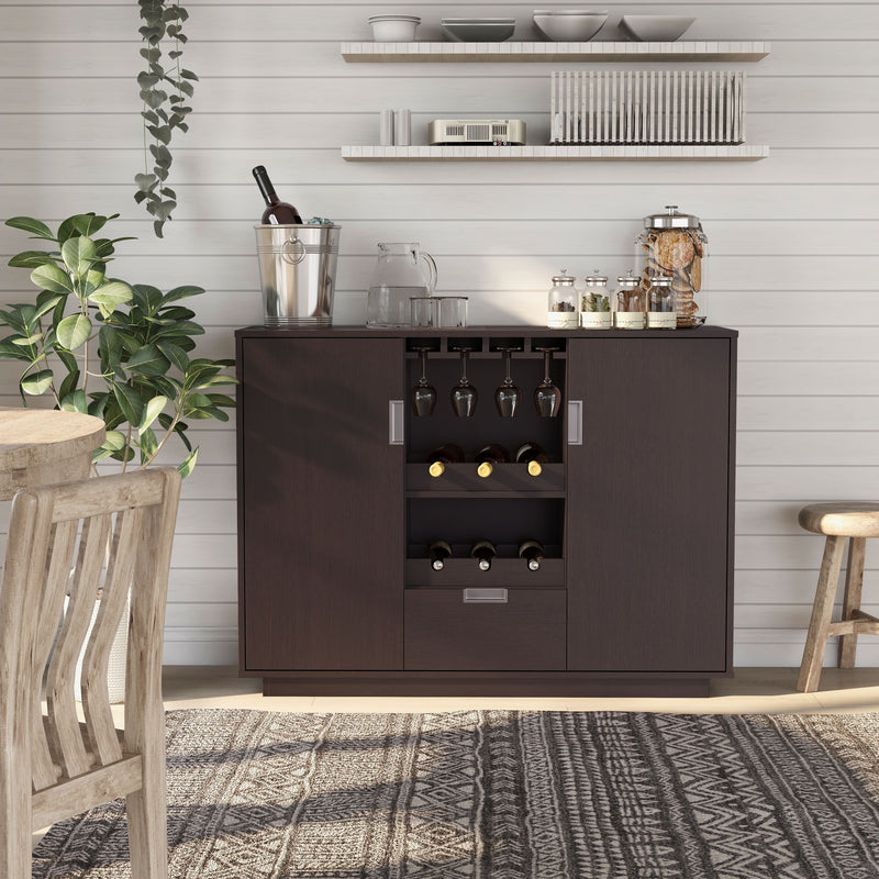 Nahvina Modern Espresso Stemware and 6-Bottle Wine Bar Cabinet