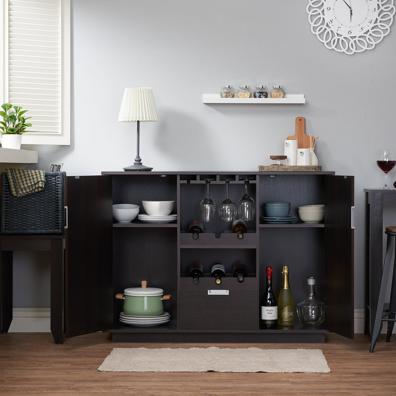 Nahvina Modern Espresso Stemware and 6-Bottle Wine Bar Cabinet