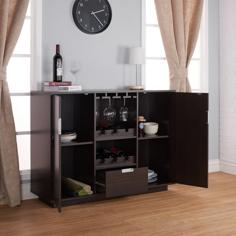 Nahvina Modern Espresso Stemware and 6-Bottle Wine Bar Cabinet