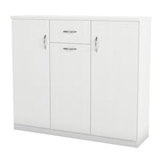 Left facing contemporary white three-door one-drawer shoe cabinet on a white background