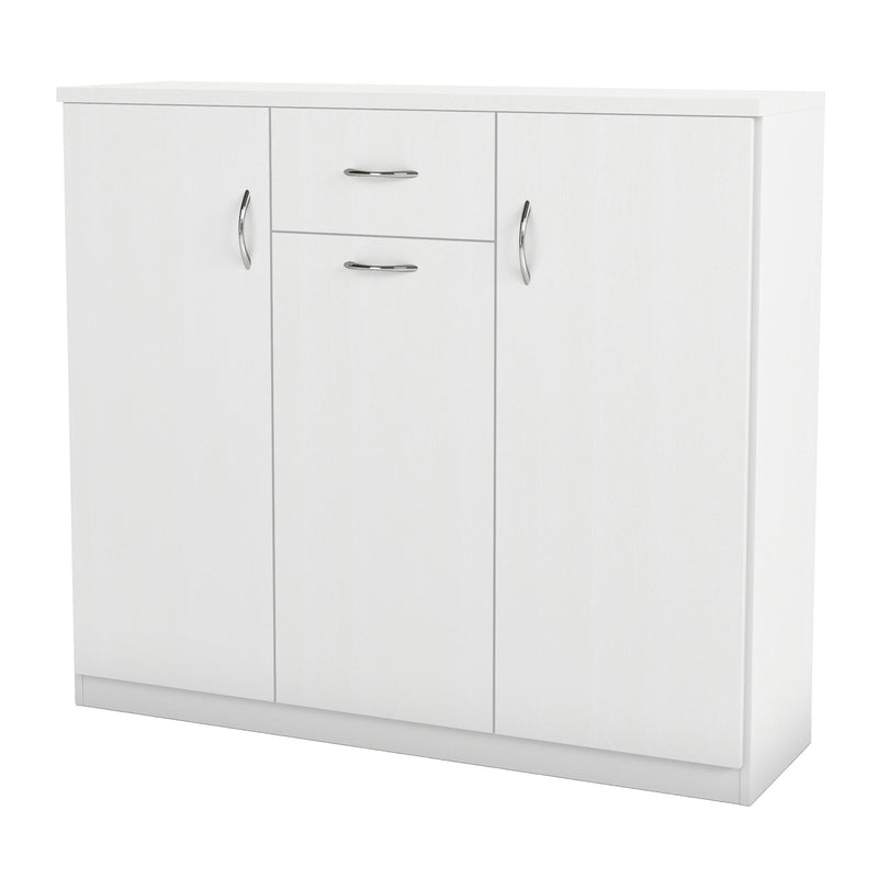 Left facing contemporary white three-door one-drawer shoe cabinet on a white background