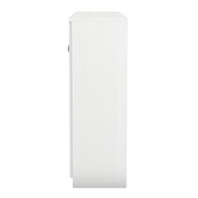 Front facing side view of a contemporary white three-door one-drawer shoe cabinet on a white background