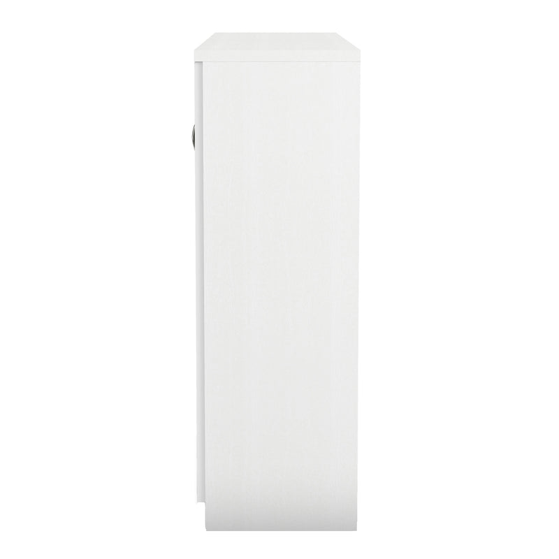 Front facing side view of a contemporary white three-door one-drawer shoe cabinet on a white background