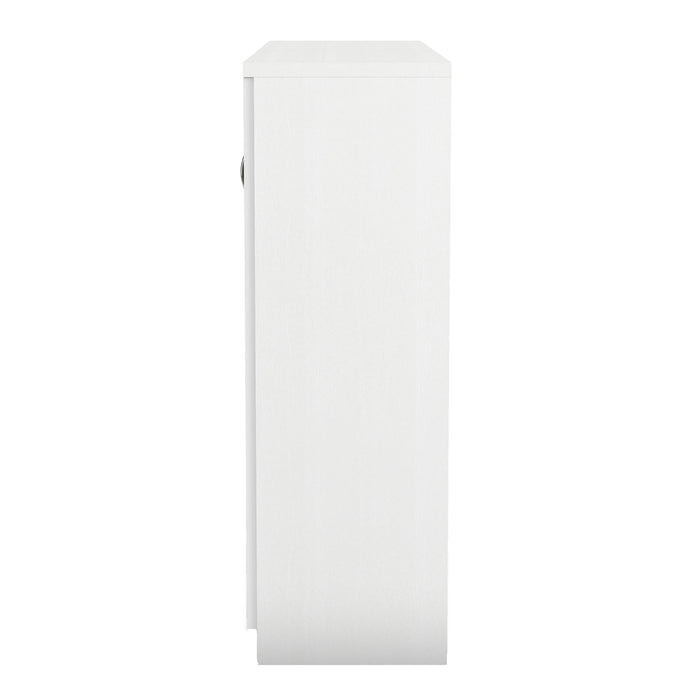 Front facing side view of a contemporary white three-door one-drawer shoe cabinet on a white background