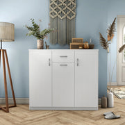 Front facing contemporary white three-door one-drawer shoe cabinet in a room with accessories